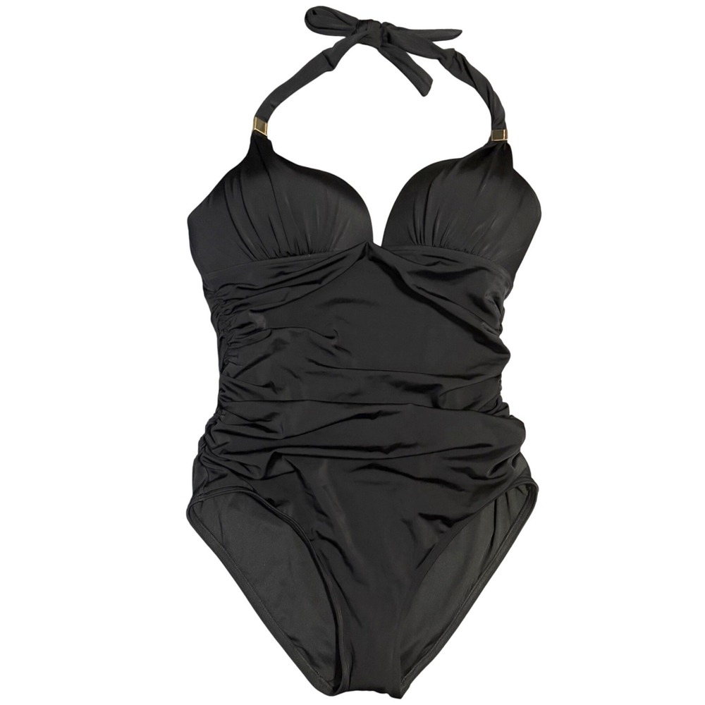 NEW‎ Victoria Secret Bathing Suit One Piece Black Ruched Halter Swimsuit Beach